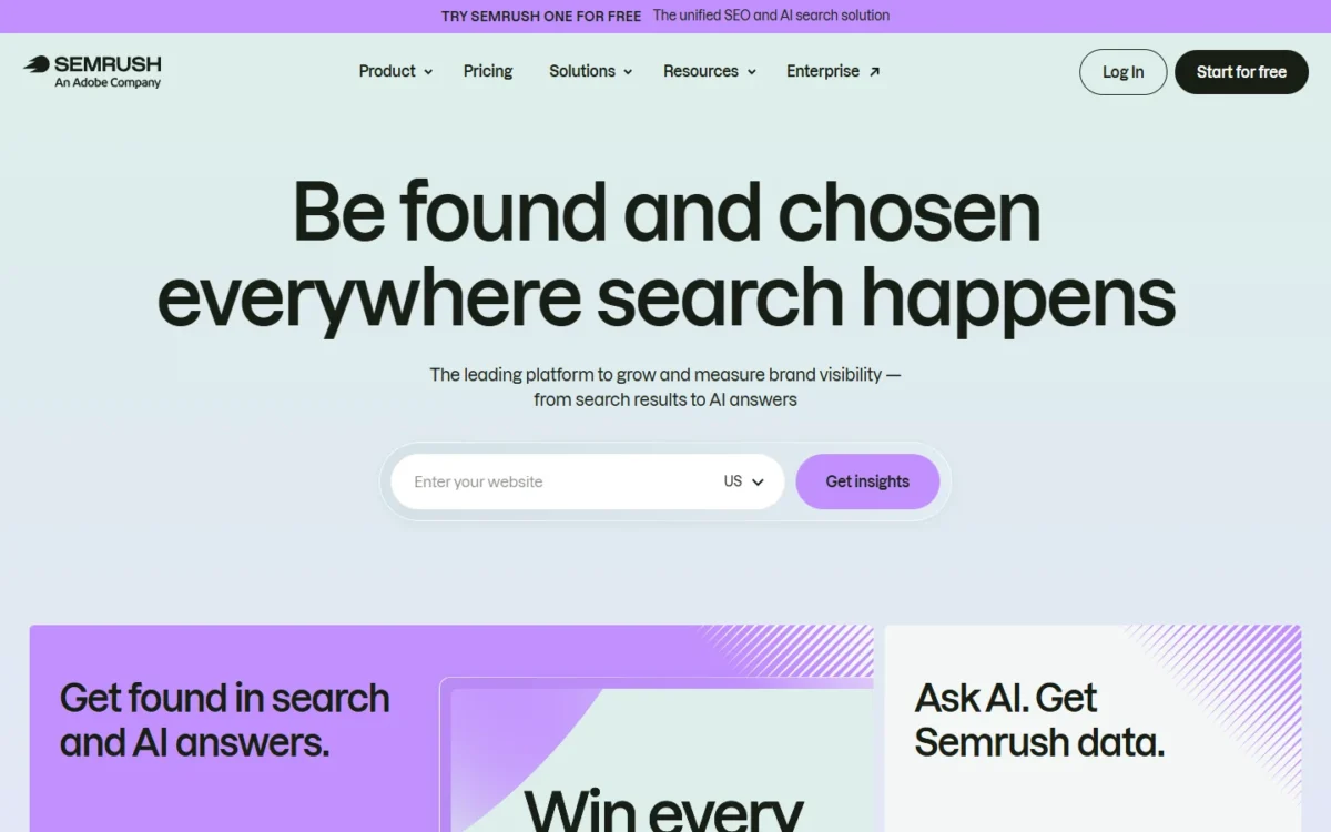 Semrush homepage, first screen