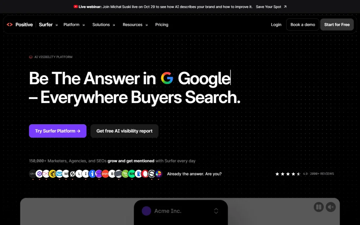 Surfer homepage, first screen