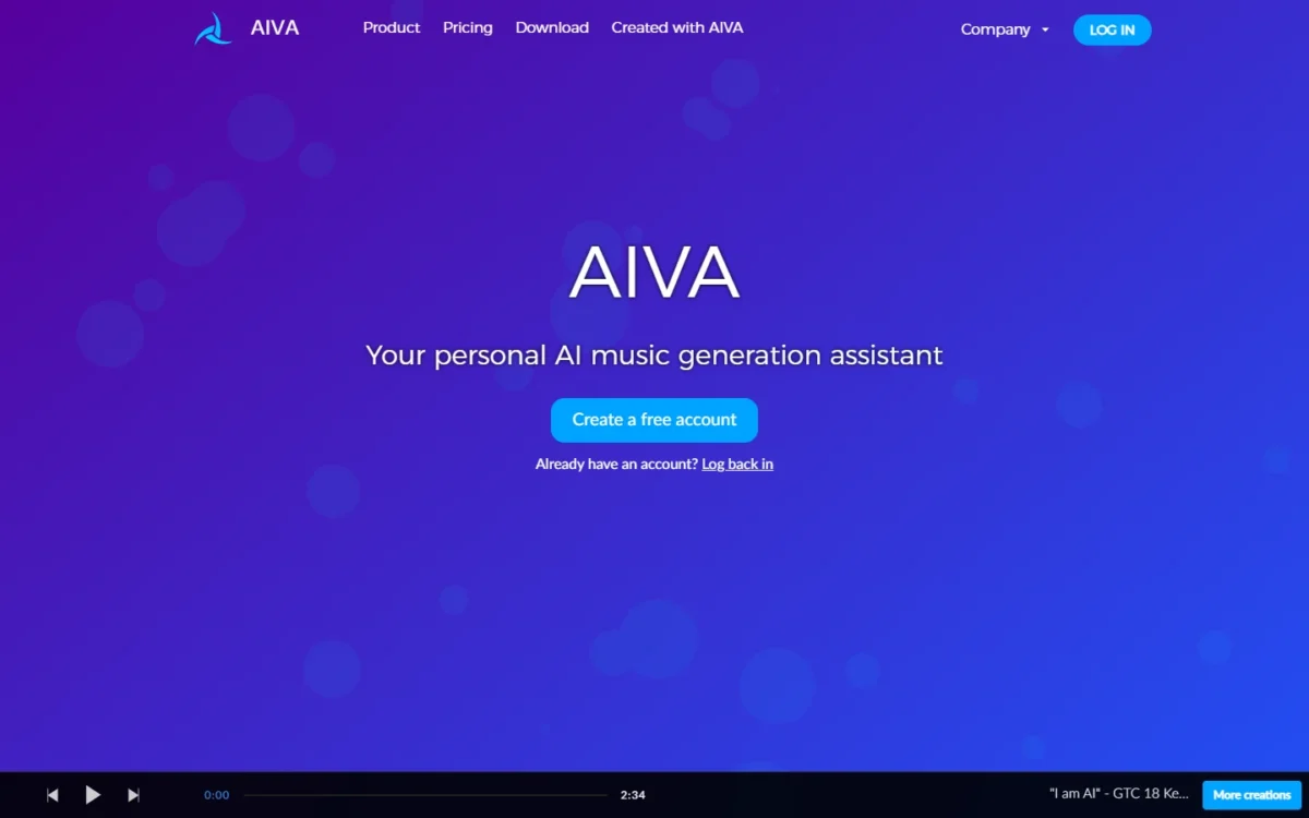 AIVA homepage, first screen