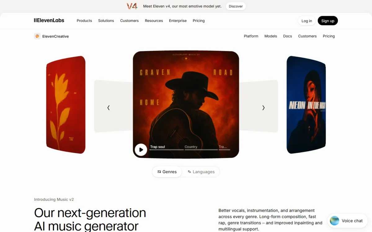 ElevenLabs music page introducing its AI music generator