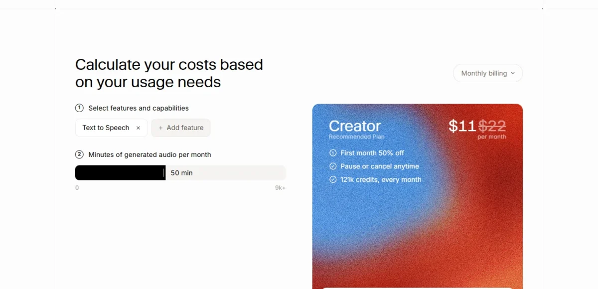 ElevenLabs pricing page with its plan cards