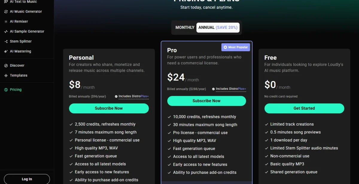 Loudly pricing page with its plan cards