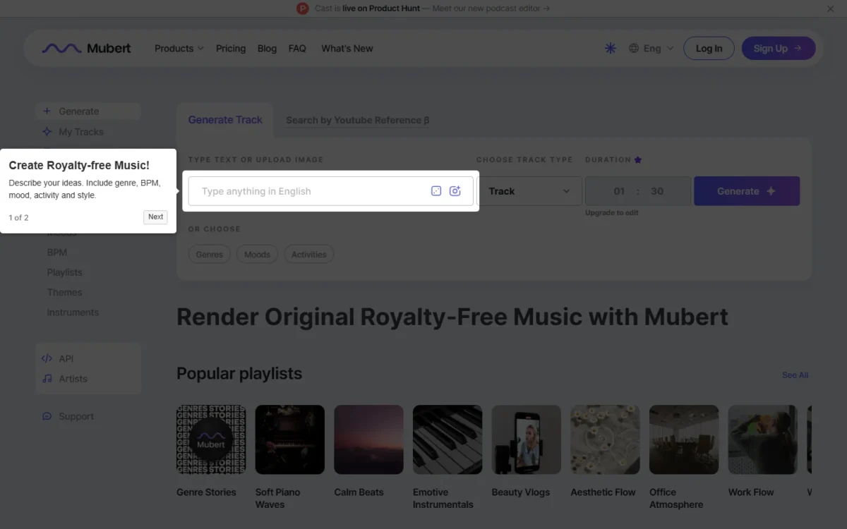Mubert Render homepage, first screen