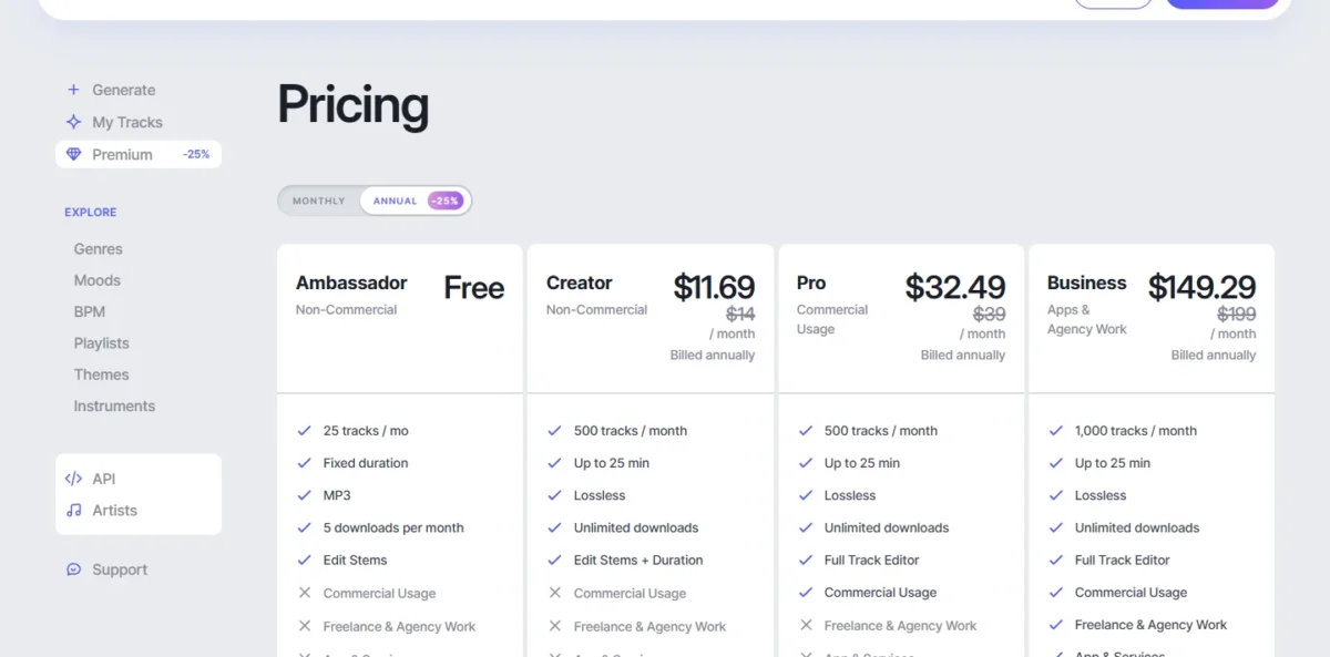 Mubert pricing page with its plan cards