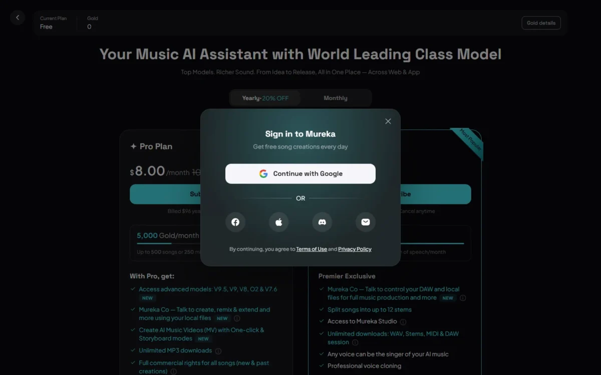 Mureka pricing page with Pro and Premier plan cards behind a sign-in prompt