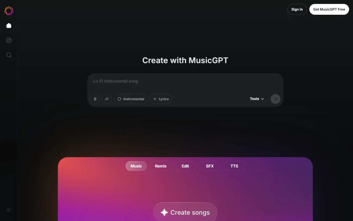 MusicGPT homepage, first screen