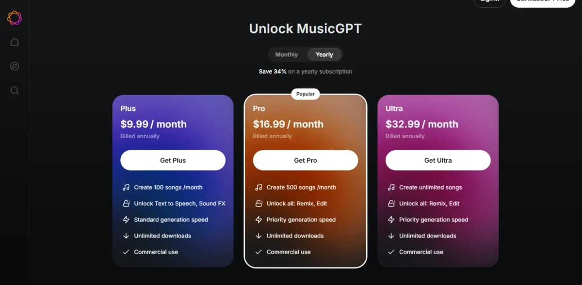 MusicGPT pricing page with its plan cards