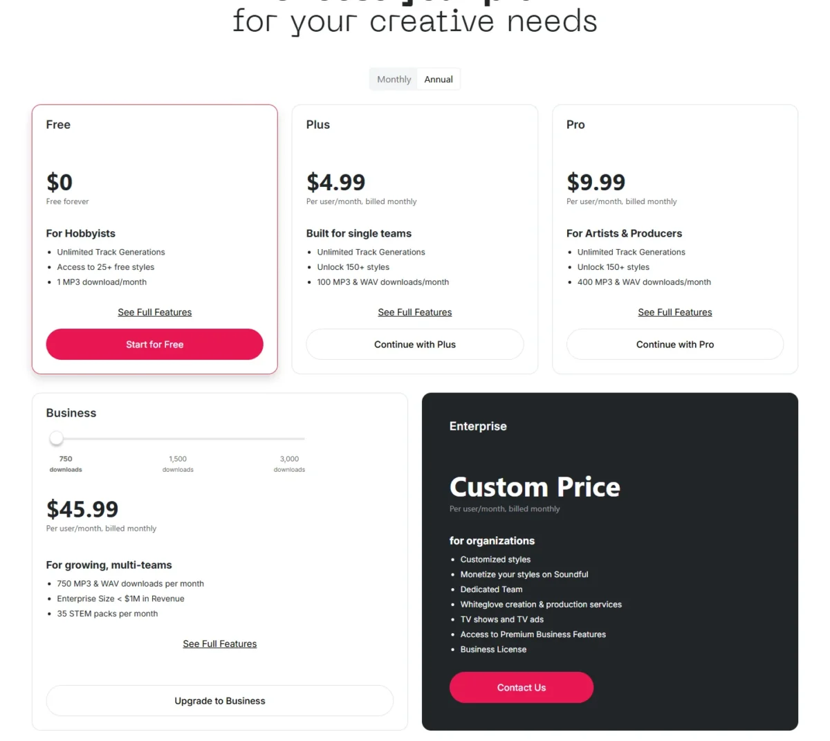Soundful pricing page with its plan cards