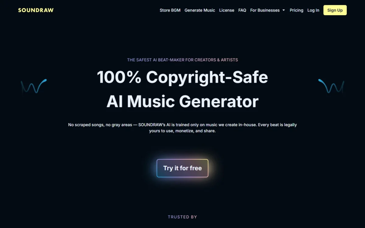 Soundraw homepage, first screen