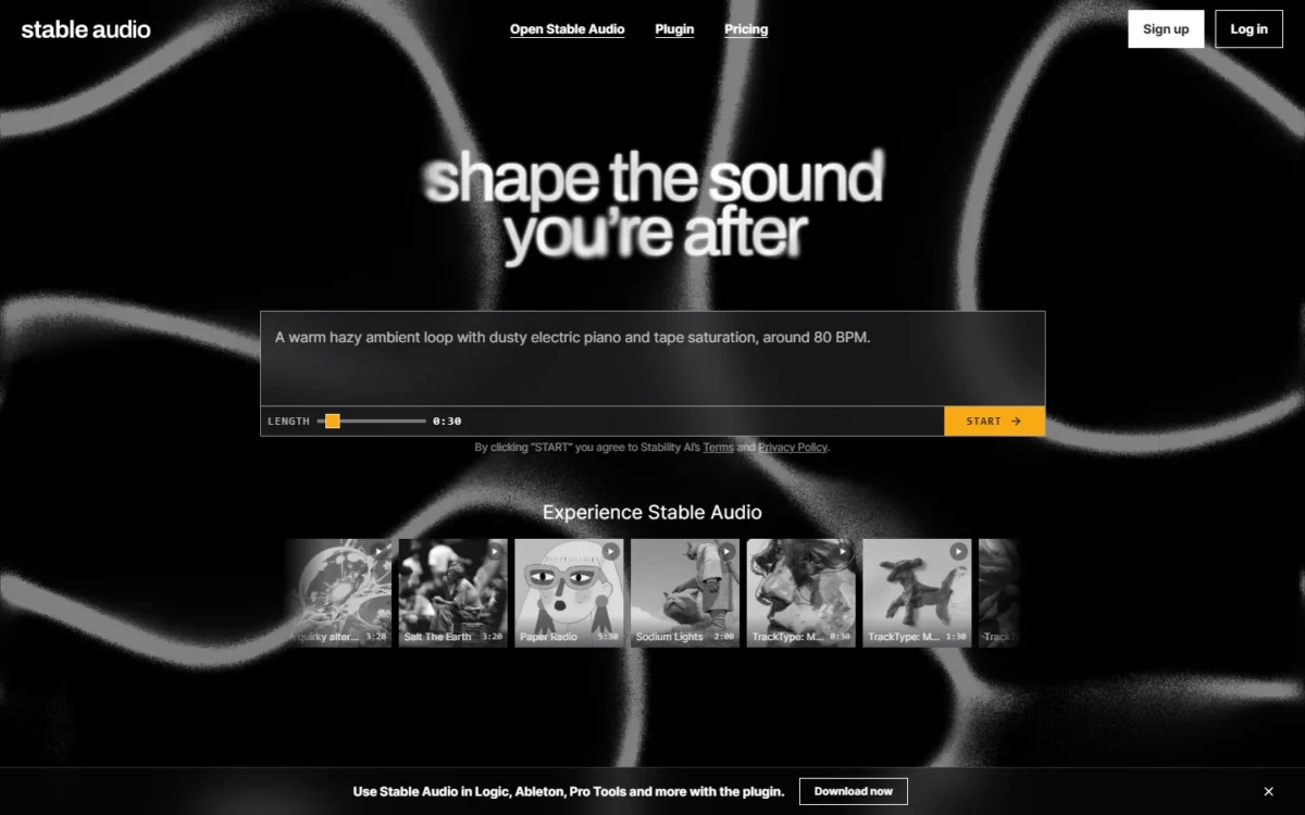 Stable Audio homepage, first screen