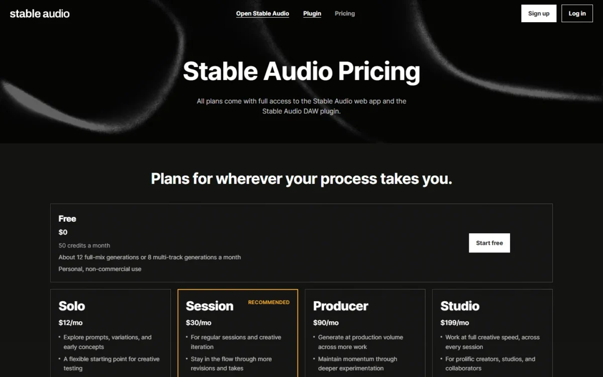 Stable Audio pricing page with its plan cards