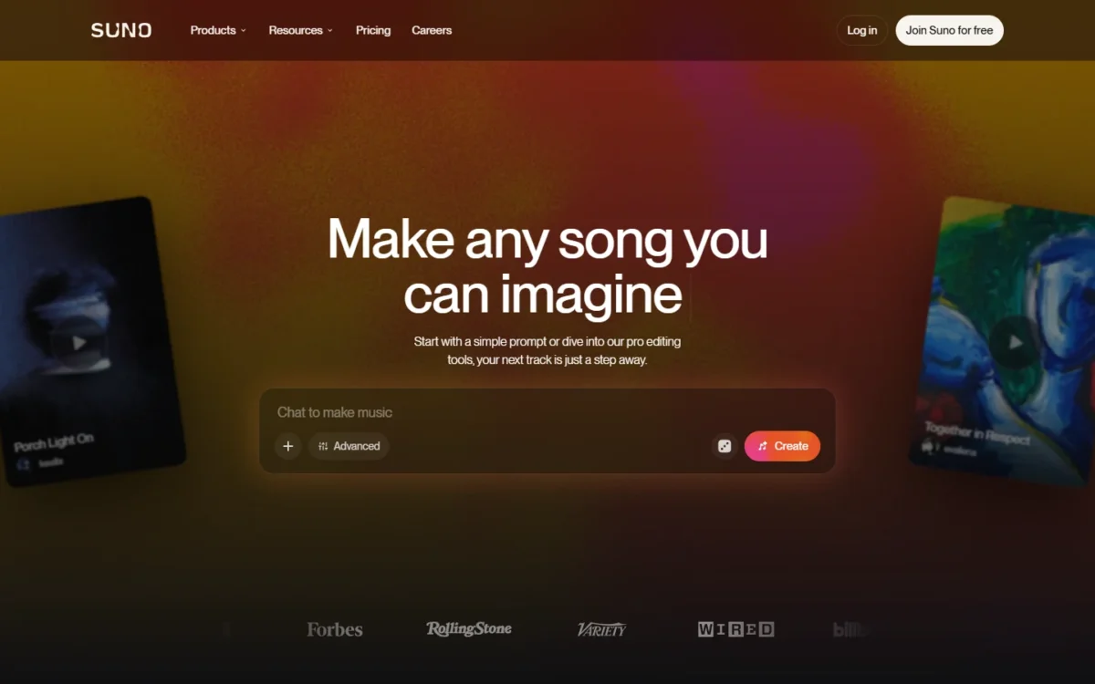 Suno homepage, first screen