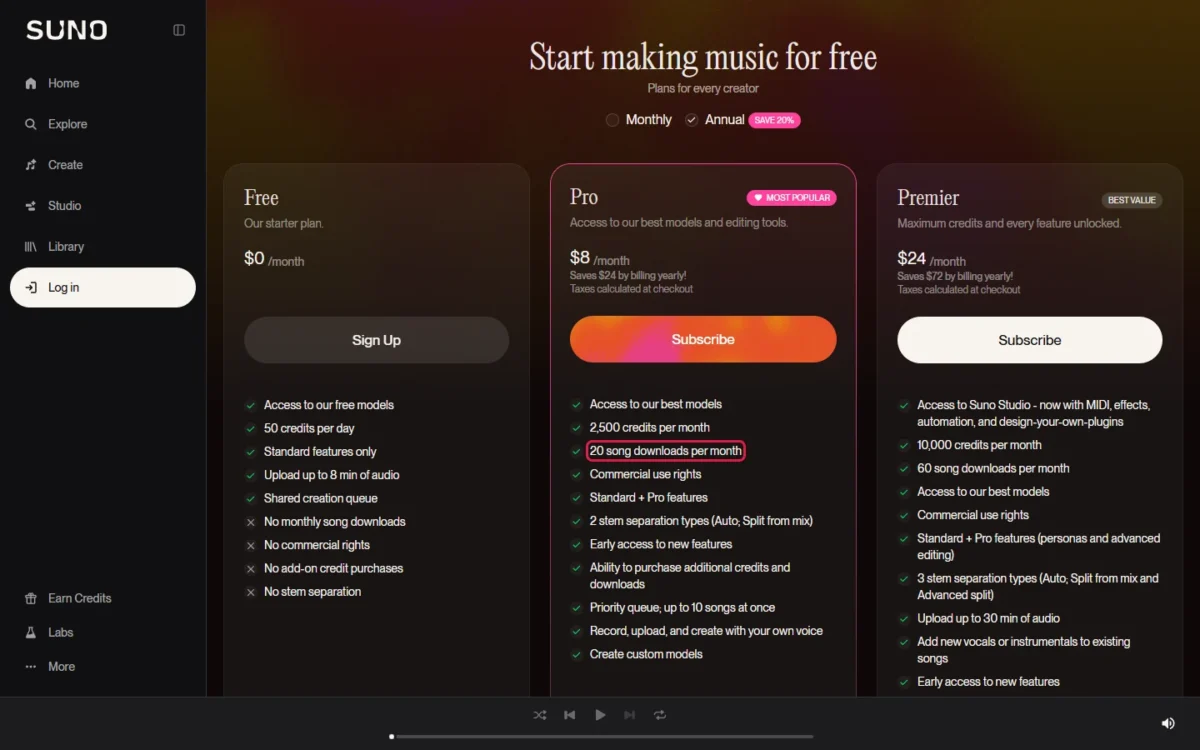 Suno pricing page with the Pro plan's 20 song downloads per month outlined