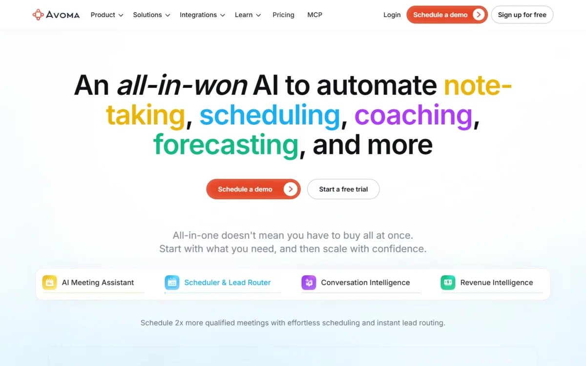 Avoma homepage, first screen