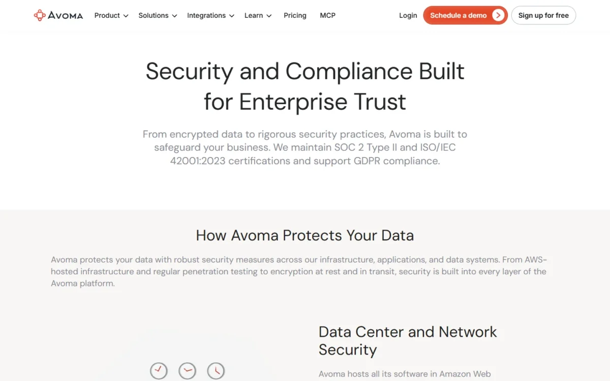 Avoma security page listing SOC 2 Type II and ISO/IEC 42001 certifications