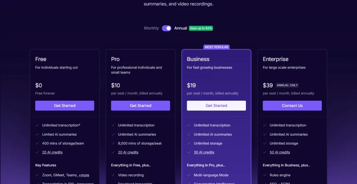 Fireflies.ai pricing page with its Free, Pro, Business and Enterprise plans