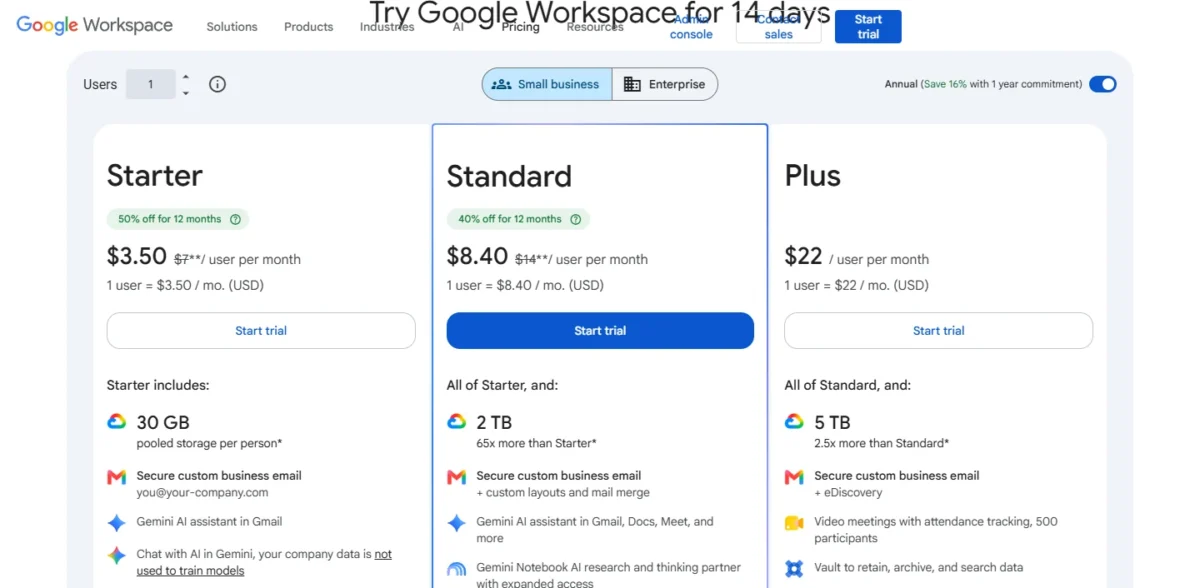 Google Workspace pricing page with its Starter, Standard and Plus plans