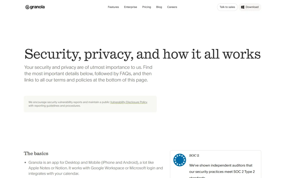 Granola security page, first screen, with its security and privacy overview and The basics section