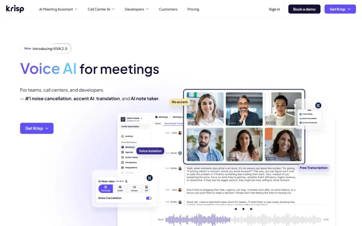 Krisp homepage, first screen