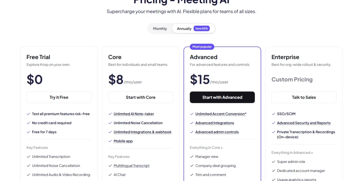 Krisp pricing page with its Free Trial, Core, Advanced and Enterprise plans