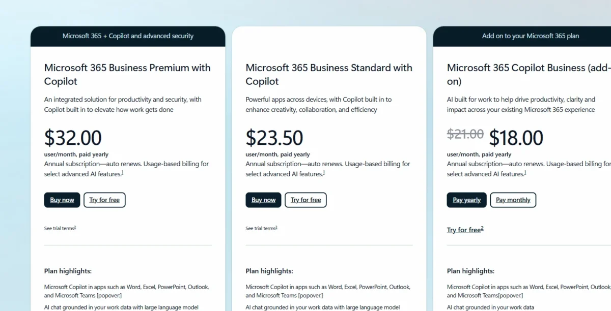 Microsoft Copilot Business pricing page