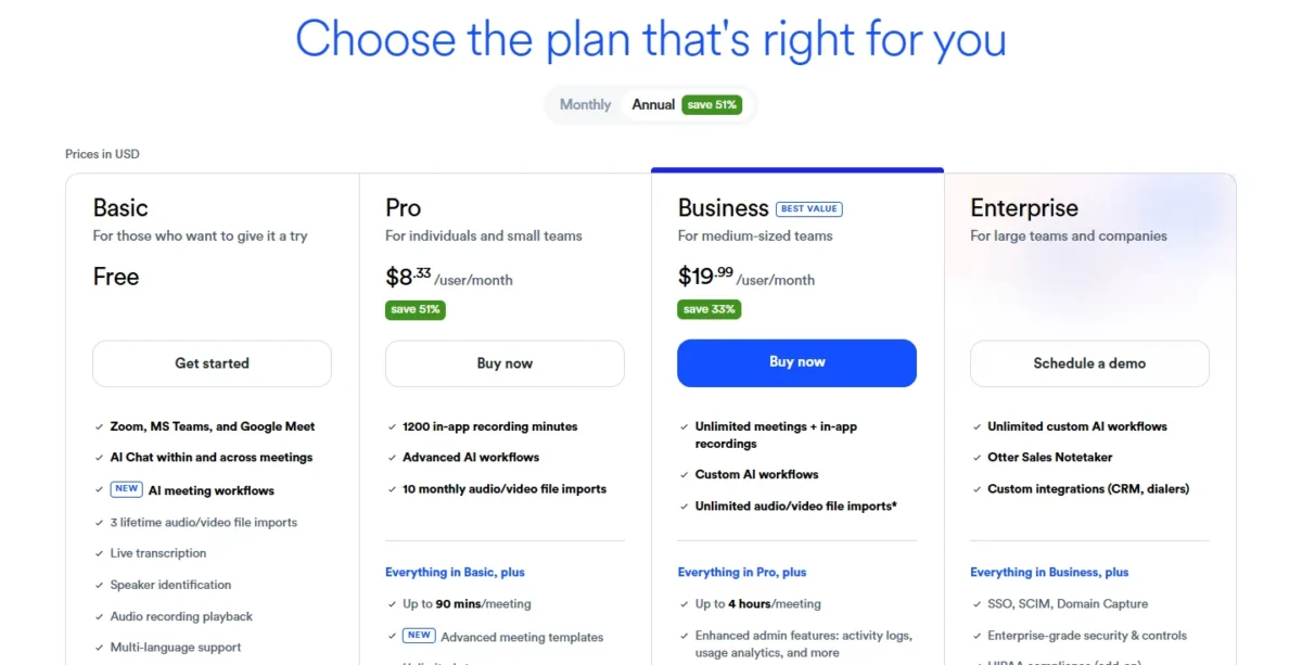 Otter.ai pricing page with its Basic, Pro, Business and Enterprise plans