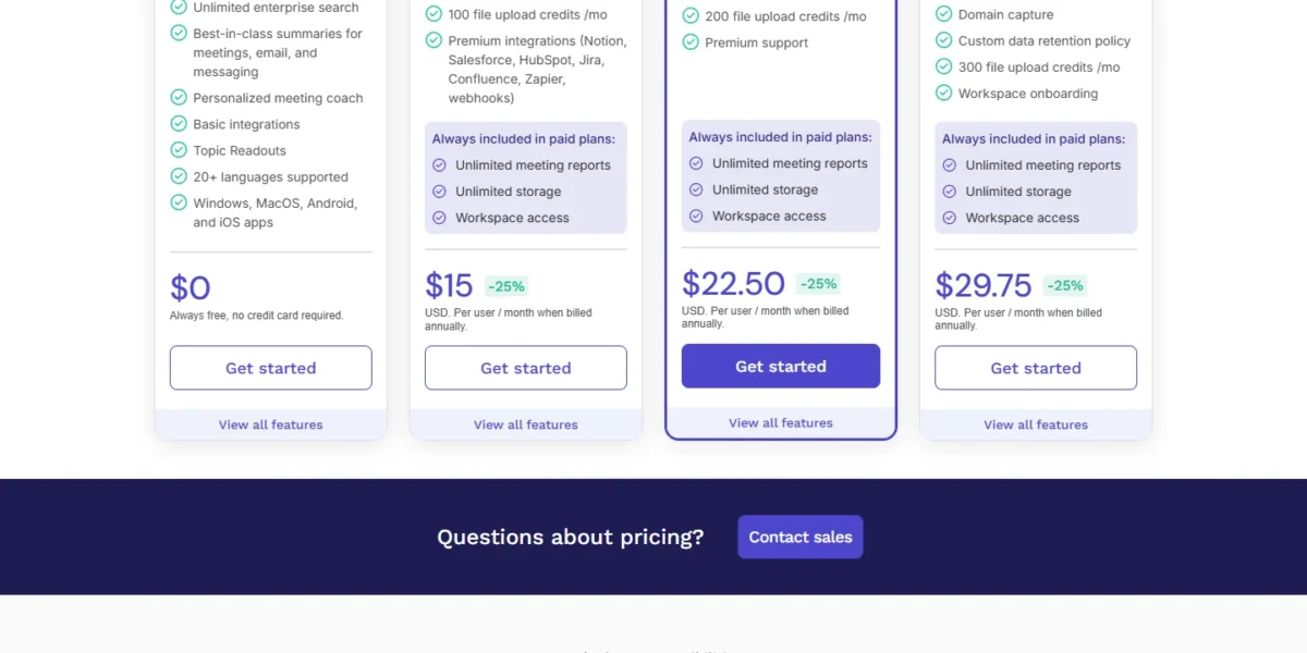 Read AI pricing page with its Free, Pro, Enterprise and Enterprise+ plans
