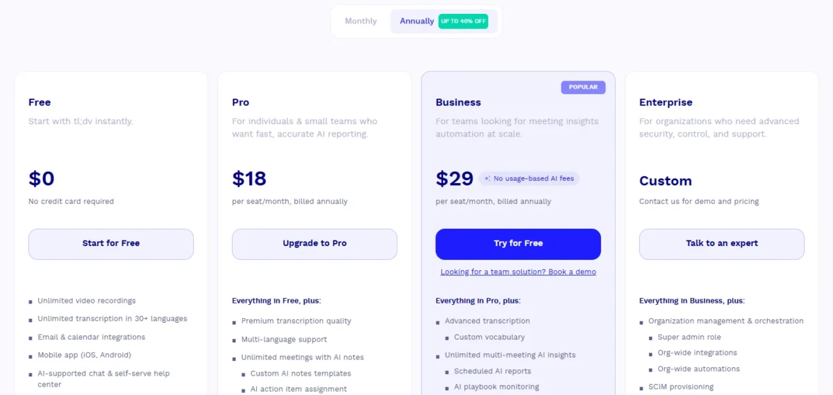 tl;dv pricing page with its Free, Pro, Business and Enterprise plans
