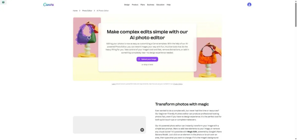Canva AI Photo Editing page, first screen, with the Upload your image button