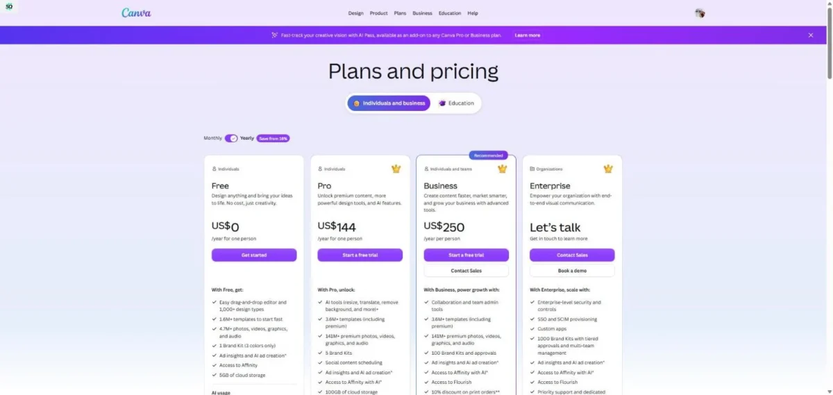 Canva plans page with Free, Pro, Business and Enterprise on yearly billing