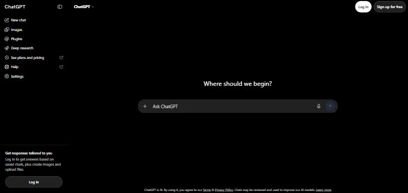 ChatGPT homepage, first screen, with the Ask ChatGPT prompt box