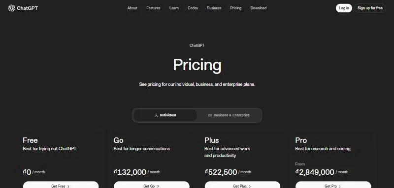 ChatGPT pricing page with Free, Go, Plus and Pro plans