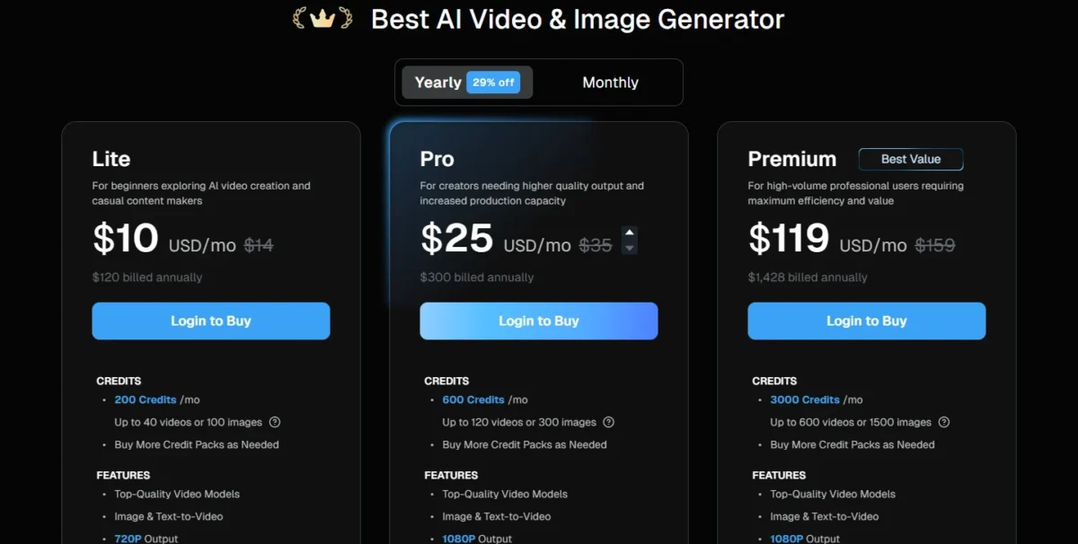 DeeVid pricing page with Lite, Pro and Premium billed yearly