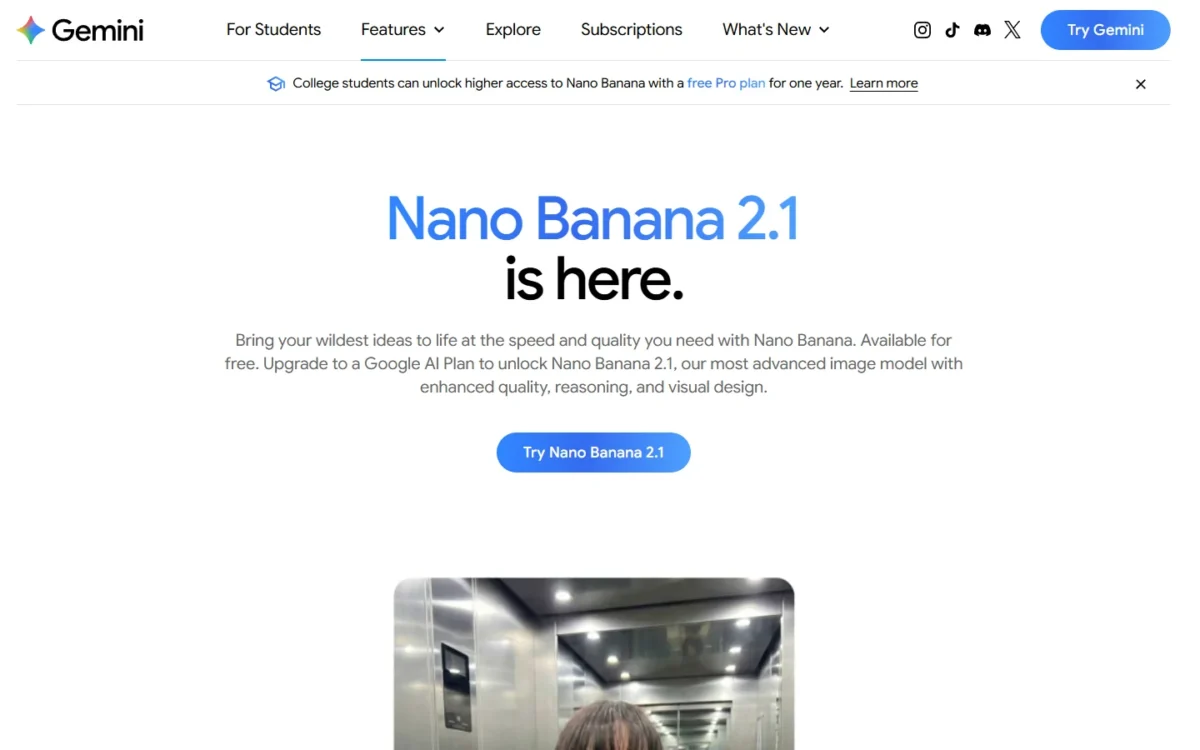 Gemini image editing page announcing Nano Banana 2.1