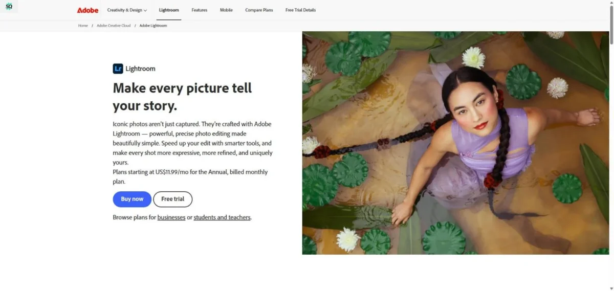 Adobe Lightroom homepage, first screen