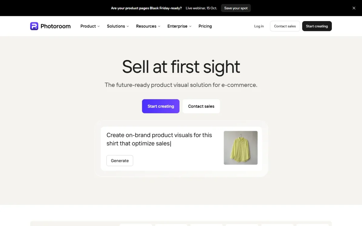 Photoroom homepage, first screen