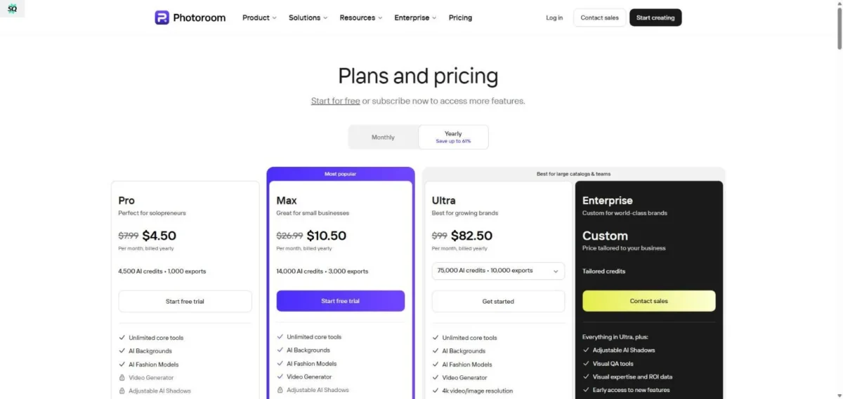 Photoroom pricing page with Pro, Max, Ultra and Enterprise plan cards on yearly billing