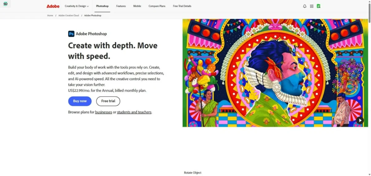 Adobe Photoshop homepage, first screen