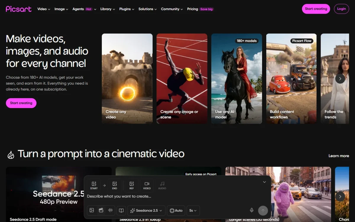 Picsart homepage, first screen