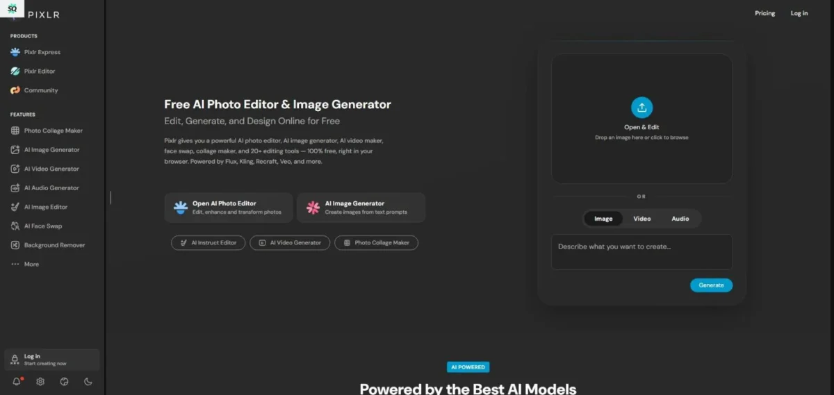Pixlr homepage, first screen, with the Open & Edit upload area