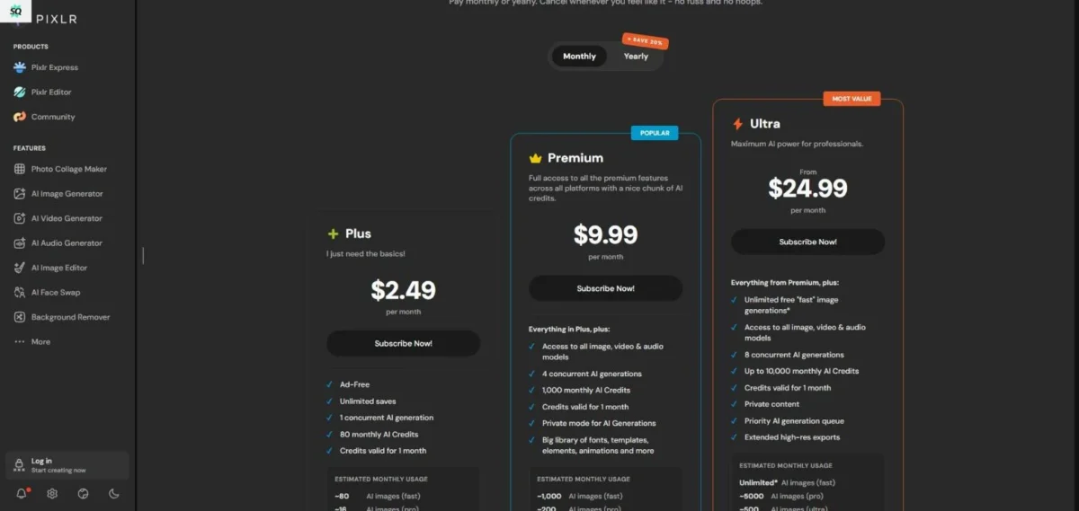 Pixlr pricing page with Plus, Premium and Ultra plans, monthly billing selected