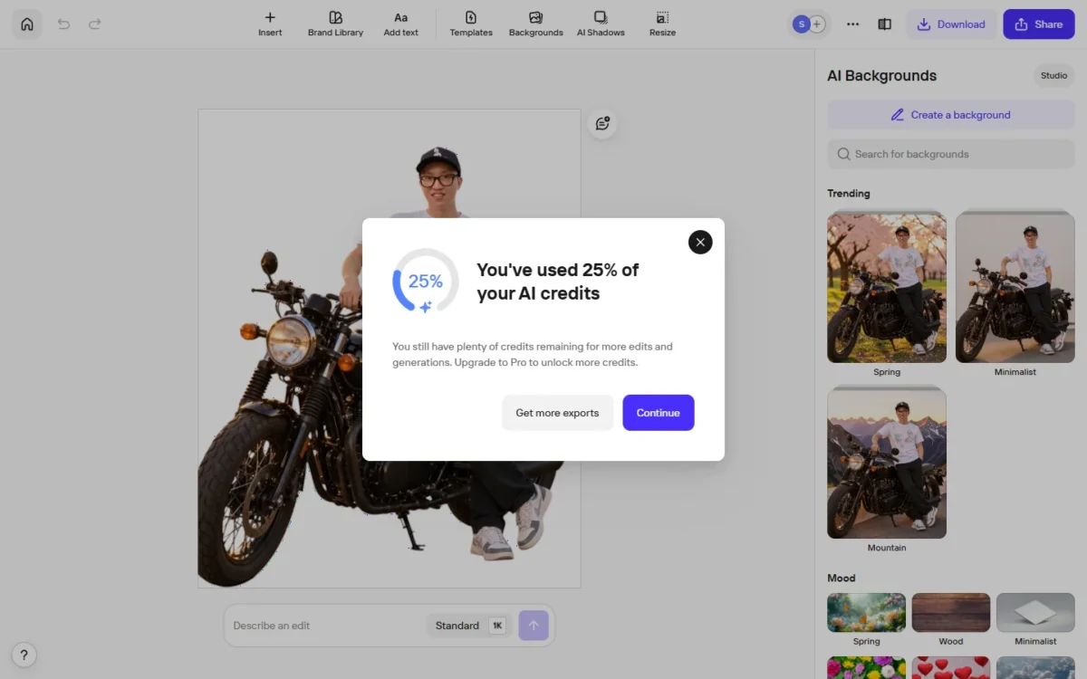 Photoroom pop-up about AI credit use while AI Backgrounds previews loaded