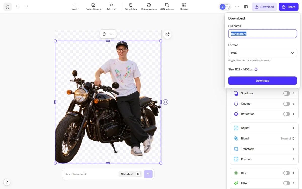 Photoroom Download panel set to PNG at 1122 × 1402 px