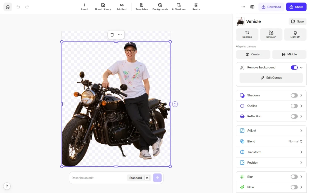 Photoroom editor showing my motorbike photo cut out on a transparent background