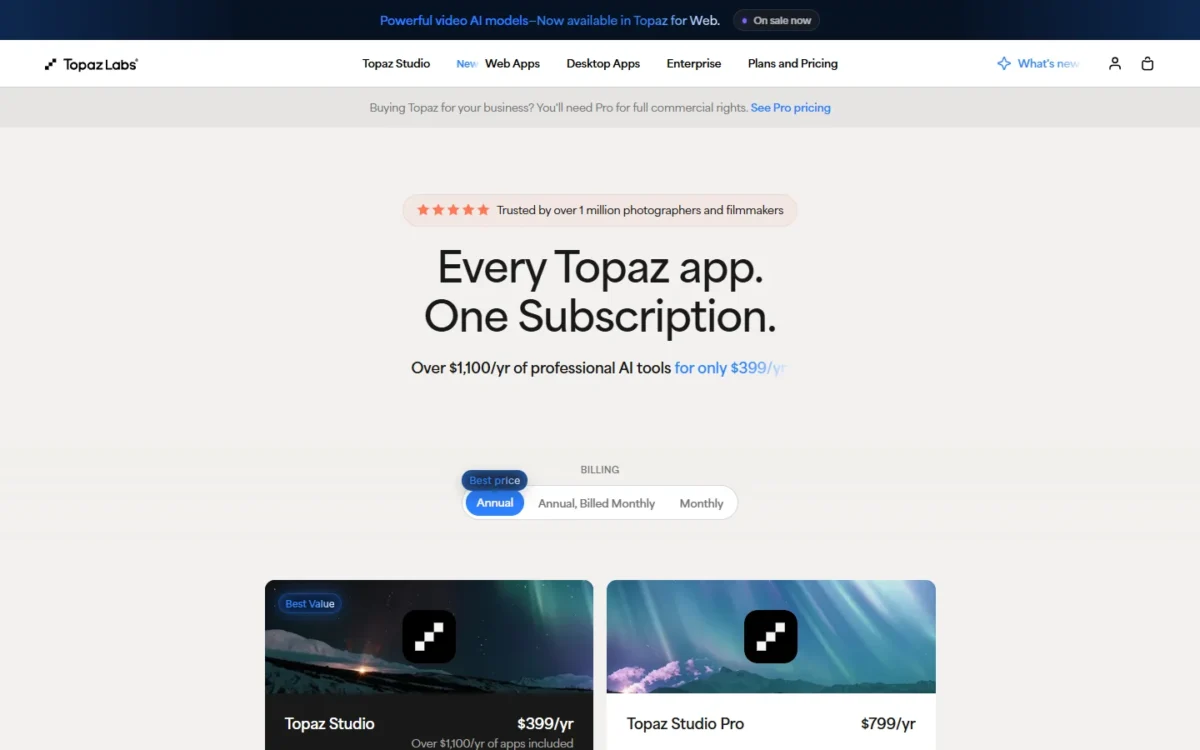 Topaz Labs pricing page, first screen with Topaz Studio plans