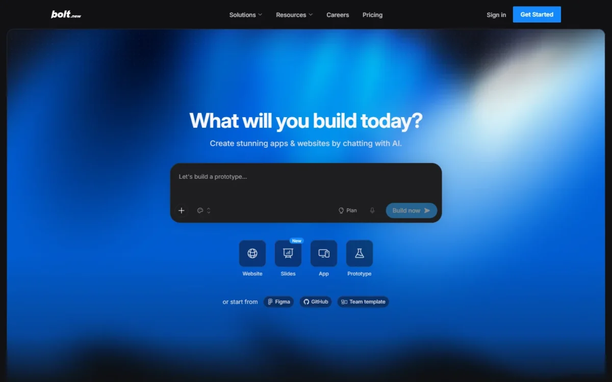 Bolt.new homepage with a prompt box