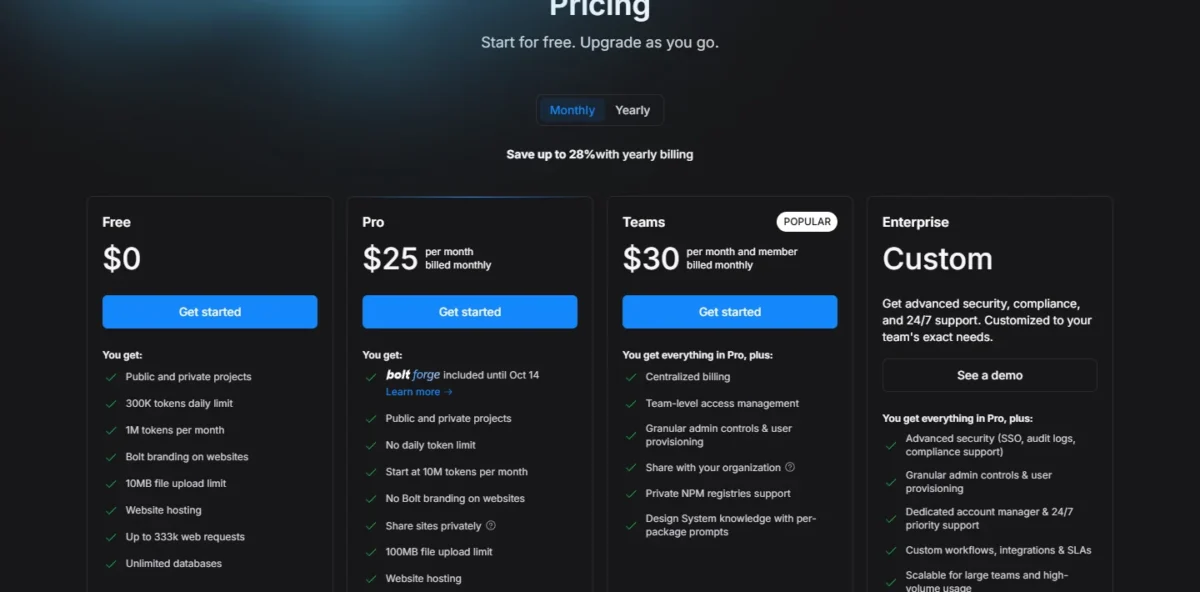 Bolt.new pricing page with Pro at $25 and Teams at $30 per member a month