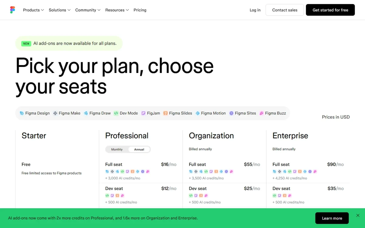 Figma pricing page with the Professional Full seat at $16 a month