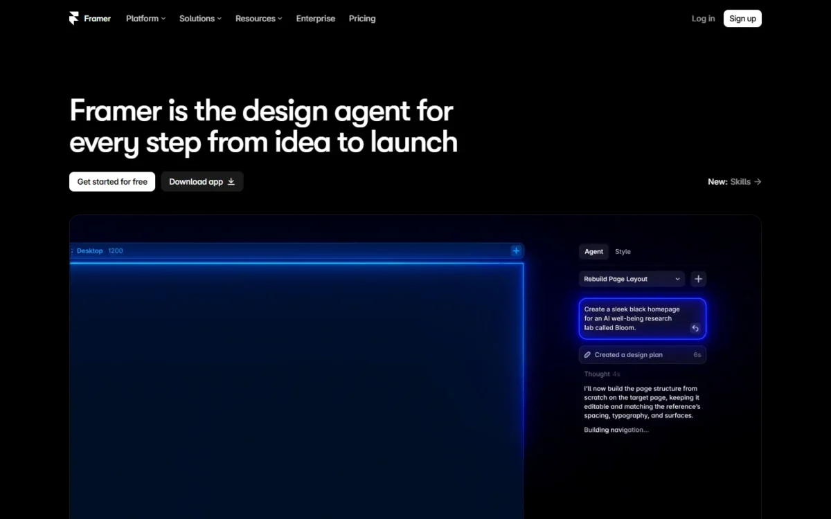 Framer homepage with its design agent panel