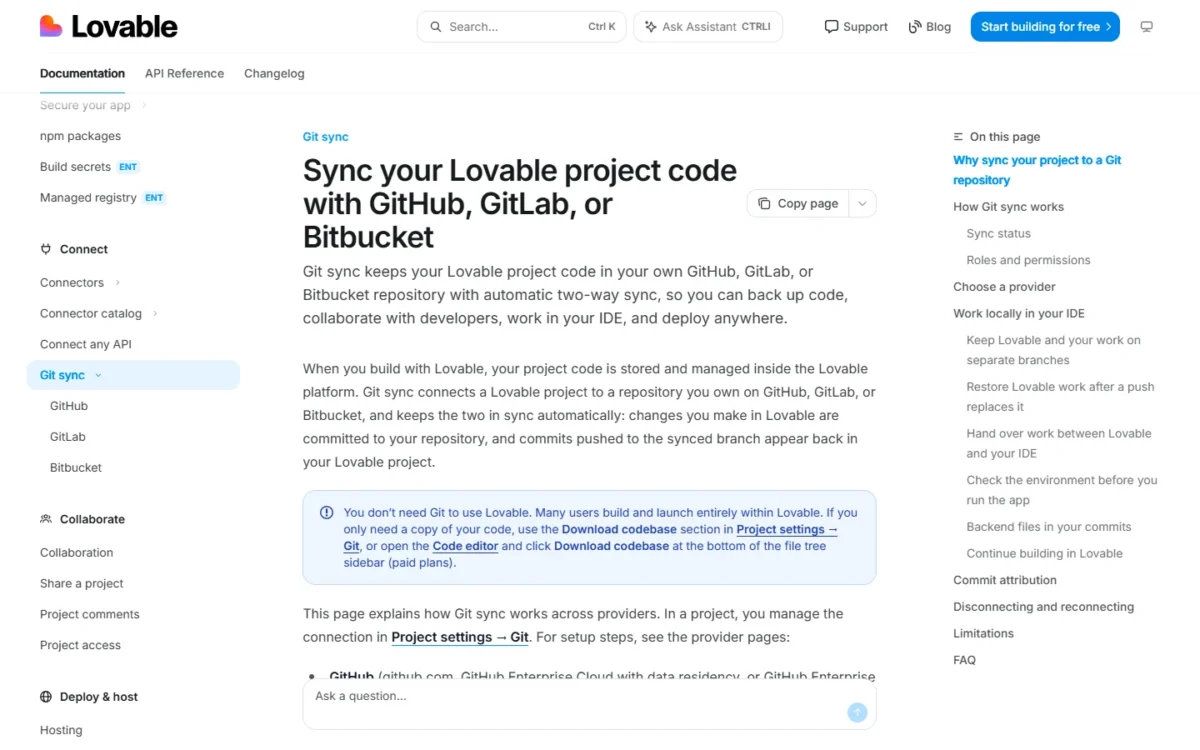Lovable documentation page on syncing code with GitHub, GitLab or Bitbucket